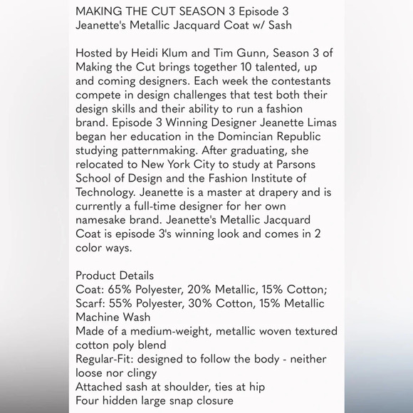 Making the Cut Season 3 Winning Look Jeanette's Metallic Gold Jacquard Coat - Picture 14 of 14